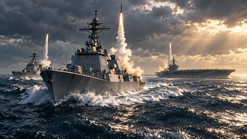 Destroyers operating as a carrier support group in a cinematic naval scene.