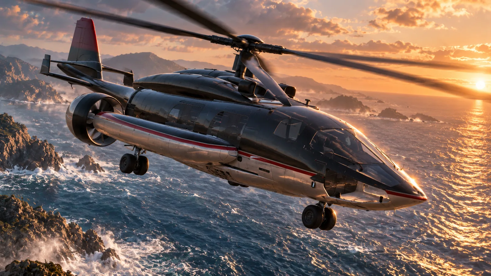 HELIWOLF, a black-and-silver helicopter with a red stripe and twin ducted pushers, flying over the coast.