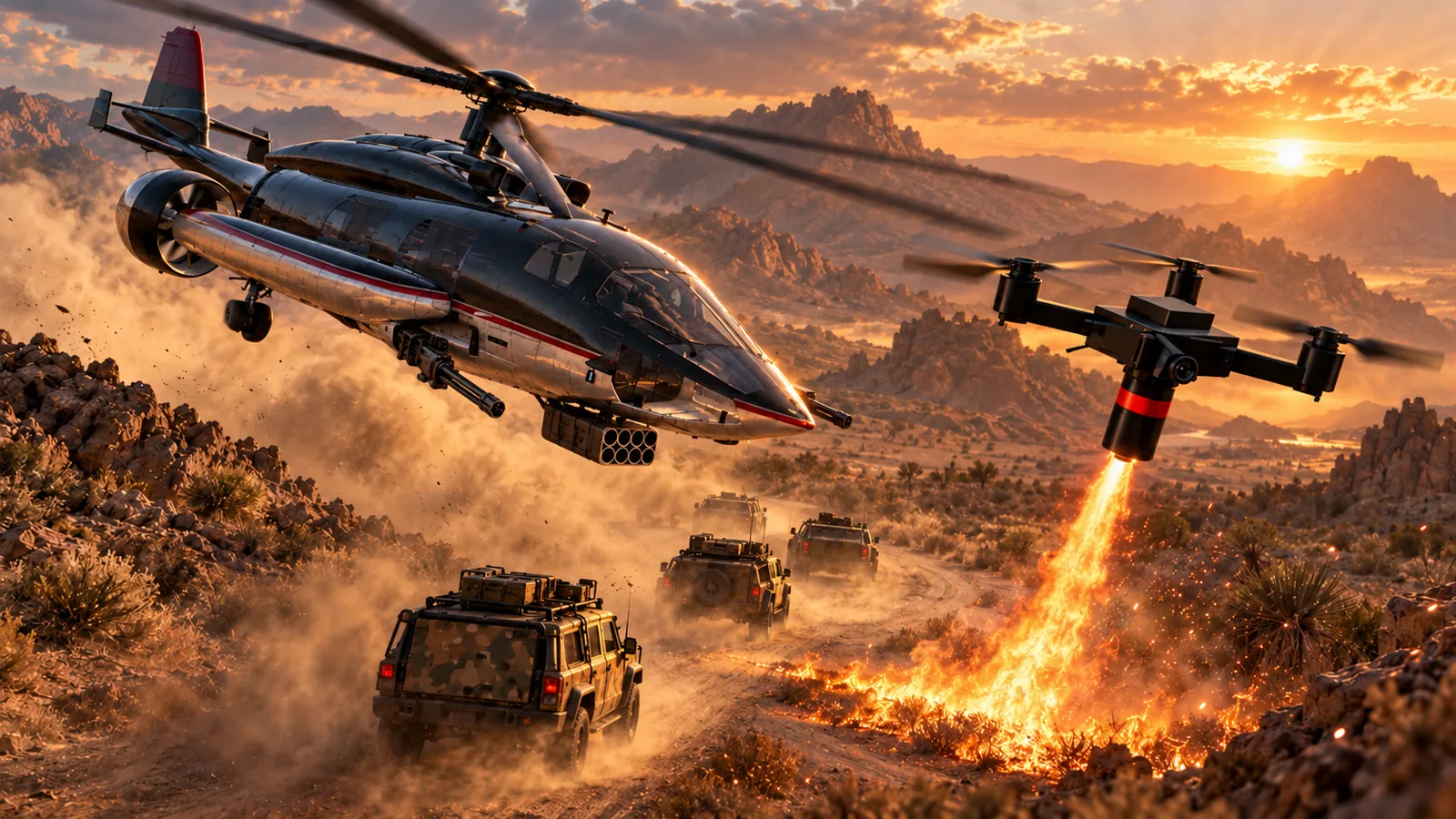 Armed HELIWOLF flying beside a fire drone releasing flames near a desert convoy at sunset.