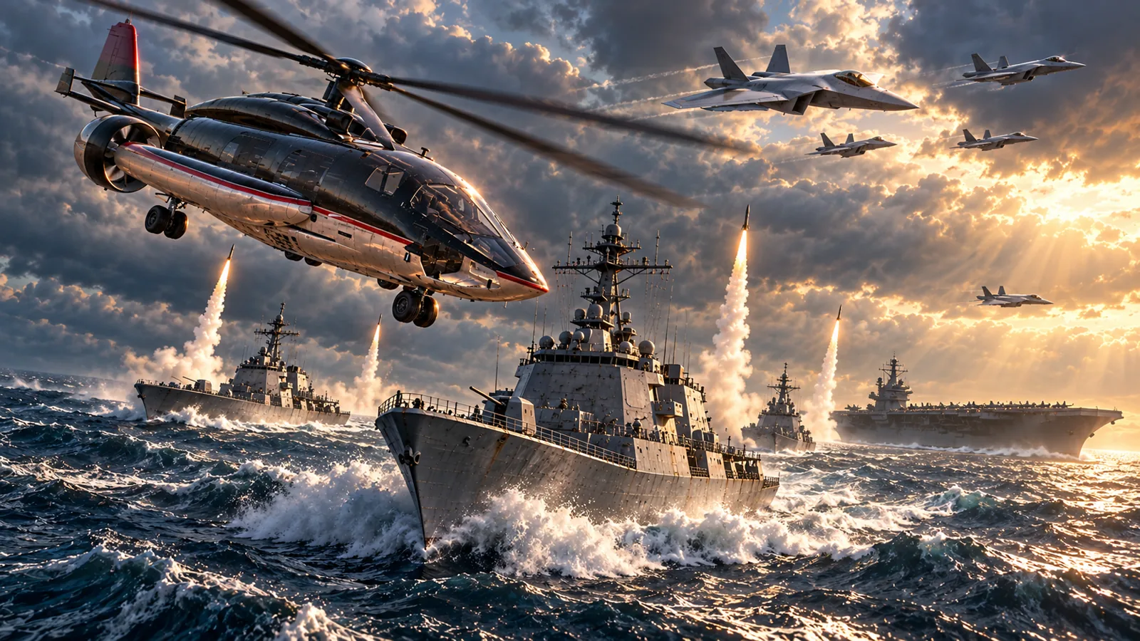 HELIWOLF flying above a naval battle with carrier support ships, aircraft and missile trails.