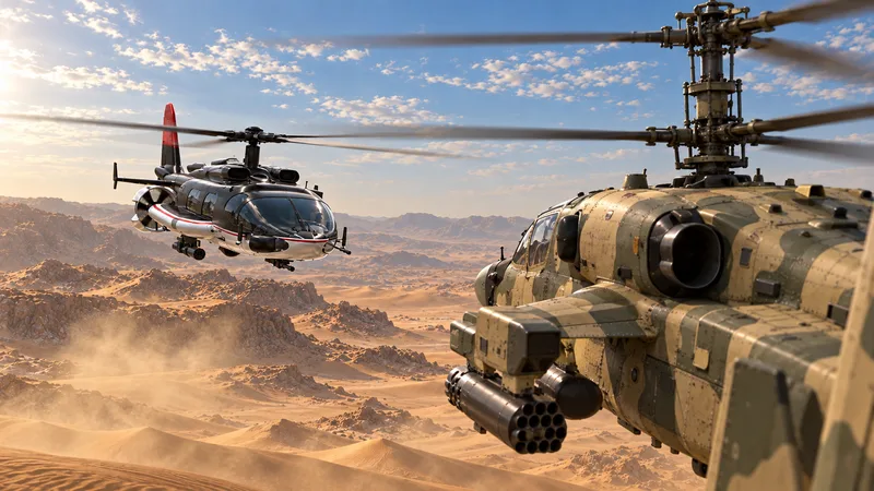 Concept art: HELIWOLF hovering over the desert, seen past the nose, rotor mast and rocket pod of a camouflaged enemy attack helicopter