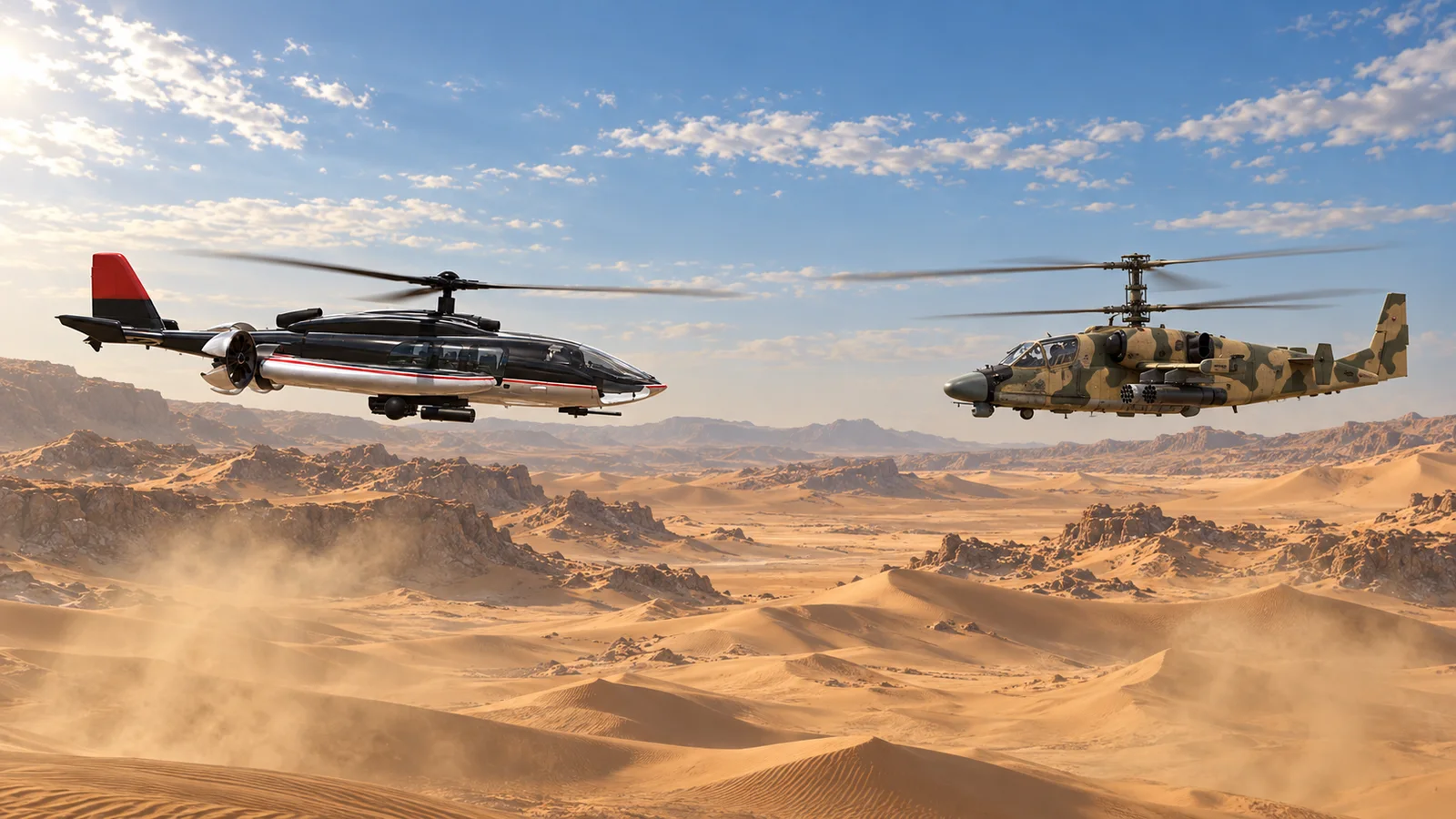 HELIWOLF and a camouflaged enemy attack helicopter hovering nose to nose over desert dunes