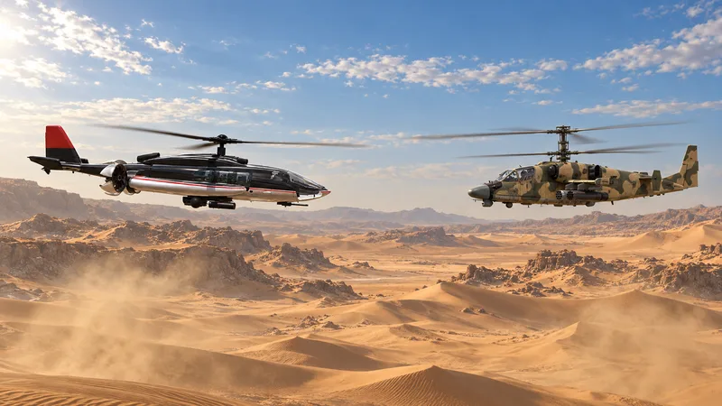 Concept art: HELIWOLF and a camouflaged enemy attack helicopter hovering nose to nose over desert dunes