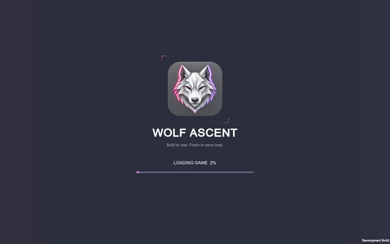 The loading screen: the silver wolf logo, WOLF ASCENT, Built for war. Flown to save lives, and a pink progress bar at 2 percent