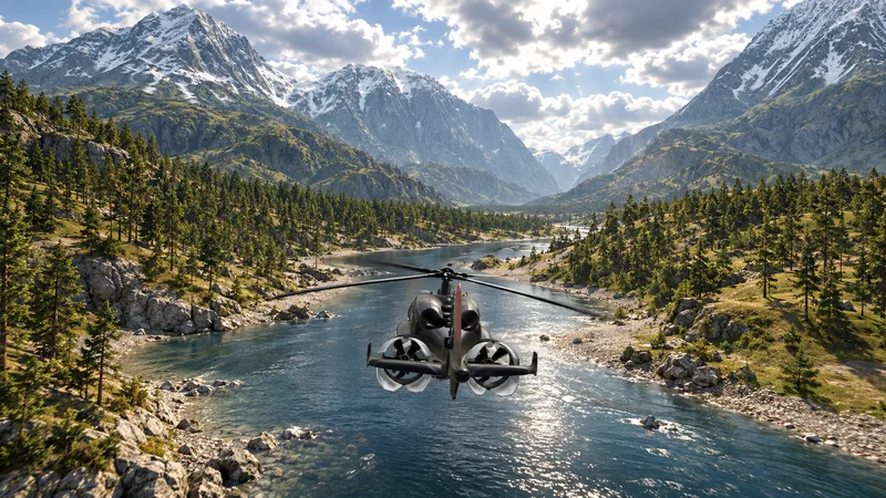 Concept art: HELIWOLF from behind, flying low up a mountain river toward snow-capped peaks