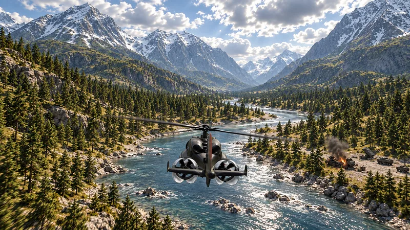 Concept art: HELIWOLF from behind, flying on up the river past vehicles burning on the bank