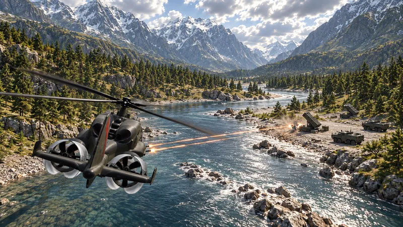 Concept art: HELIWOLF from behind, firing tracer rounds at rocket launchers and armoured vehicles on a gravel riverbank