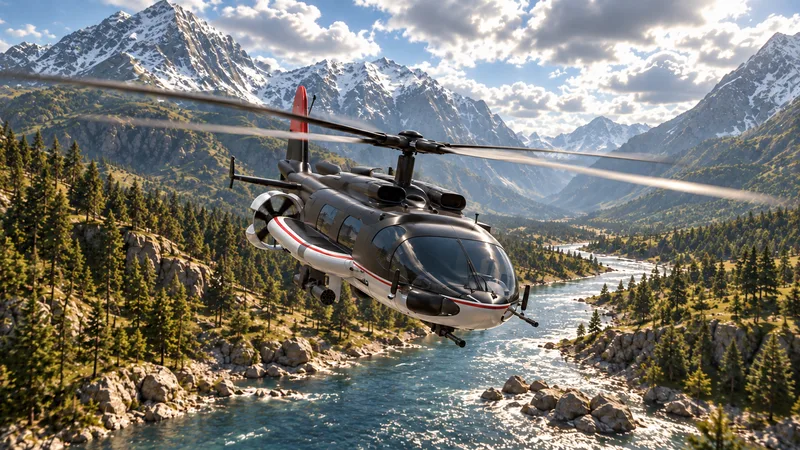 Concept art: HELIWOLF from the front three-quarter, banking over a river with snow-capped peaks behind