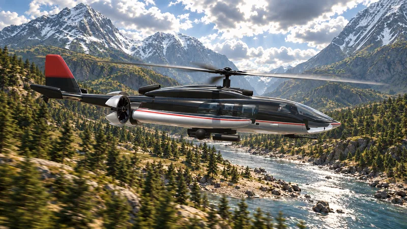 HELIWOLF side-on at speed over a mountain river valley