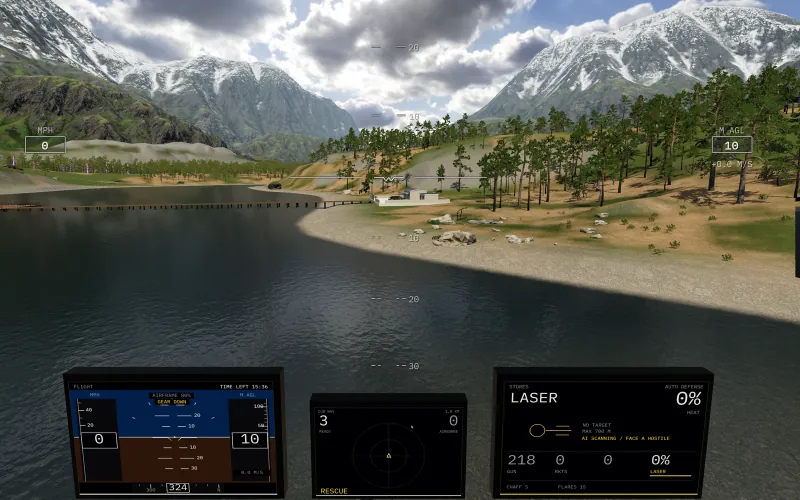 Cockpit view over a mountain river with three live instrument displays