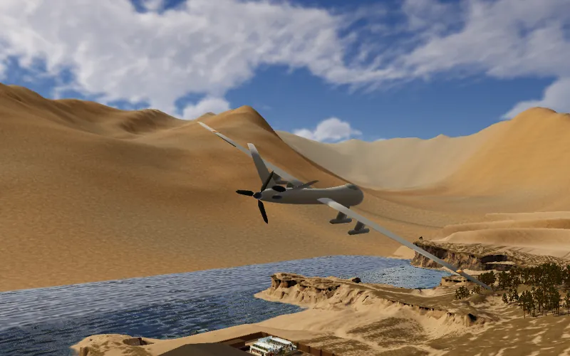 A long-wing enemy drone banking over dunes, a coastal inlet and a walled compound
