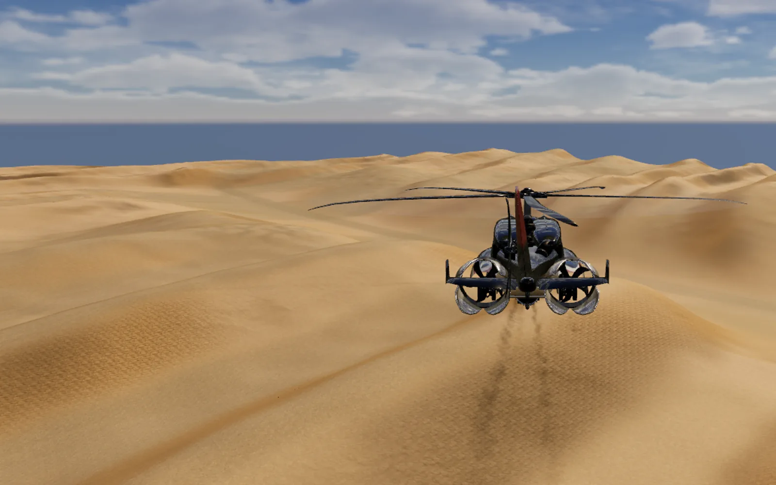 HELIWOLF from behind, flying fast over desert dunes toward the sea