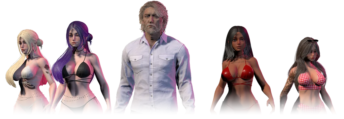 James, the HELIWOLF pilot, in an open-collar white shirt, walking in the middle of four passengers from the opening sortie in swimwear, seen from the waist up; Mara, with violet hair, is at his right shoulder