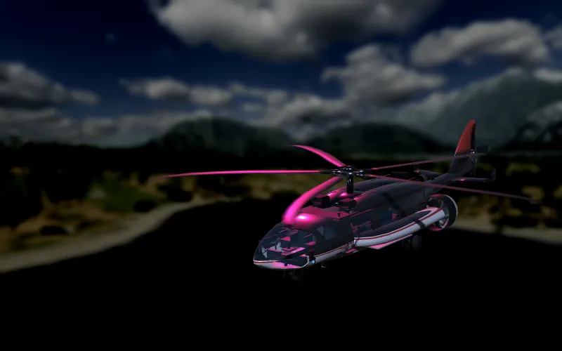 HELIWOLF with pink rim lighting over a dark mountain valley