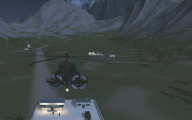 HELIWOLF climbing away from a lit landing pad in a moonlit mountain valley