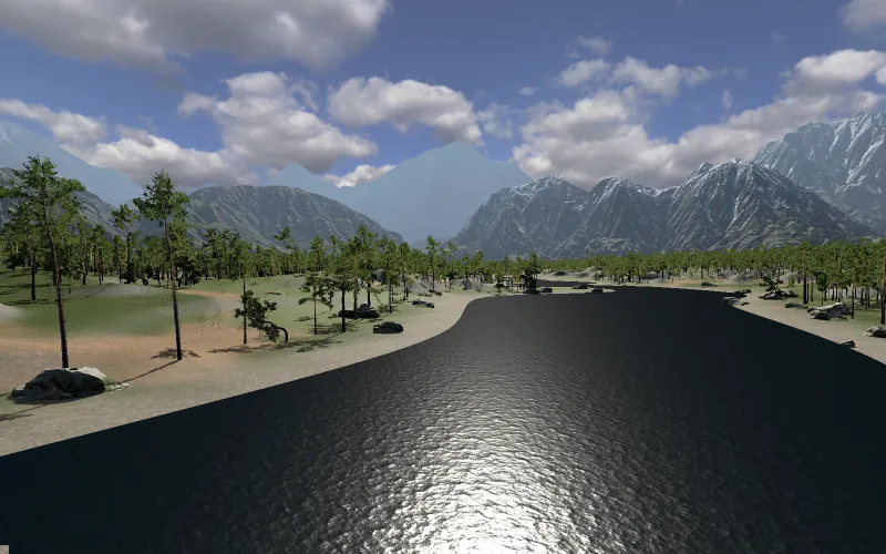 A river bend at water level with pines and a snow-capped mountain range