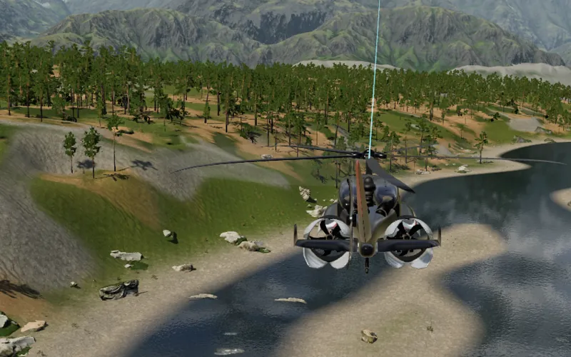 HELIWOLF flying low along a winding river between forested ridges