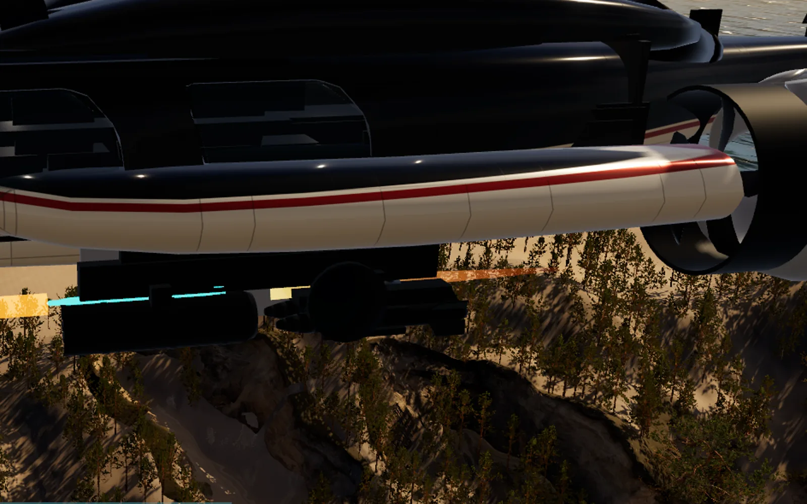 Close view of HELIWOLF's fuselage and open weapon bay over a pine-covered canyon