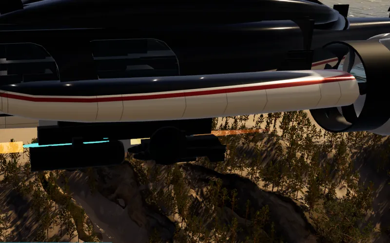Close view of HELIWOLF's fuselage with a weapon bay open over a pine-covered canyon