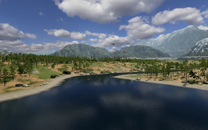 A wide river valley with pine forest, gravel banks and snow-capped peaks